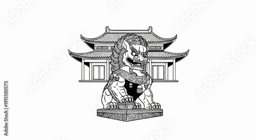 Detailed ink drawing of a mythical lion statue in front of a traditional Asian building