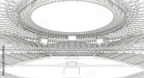 Detailed line drawing of an empty stadium with tiered seating and a soccer goal