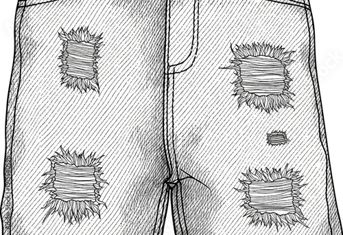 Detailed illustration of distressed denim shorts with visible stitching and frayed holes