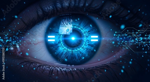 Futuristic close up blue iris eye with biometric scan overlay and glowing circuit lines looking at camera high detail cybernetic security interface neon backlit reflection technology