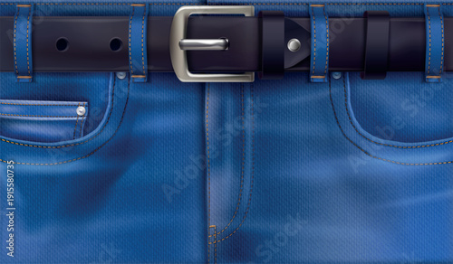 Leather belt on jeans. Realistic belt strip on jean pants, fashion trousers mockup advertising promotion banner denim wear texture template background, 3d exact vector illustration