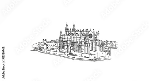 Detailed ink sketch of a majestic, sprawling cathedral with intricate spires and a large rose window