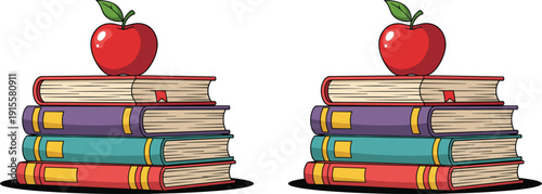Stack of colorful books with a red apple on top, vector illustration of school textbooks and education symbols isolated on white background.