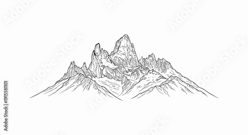 Detailed ink sketch of jagged, snow-capped mountain peaks