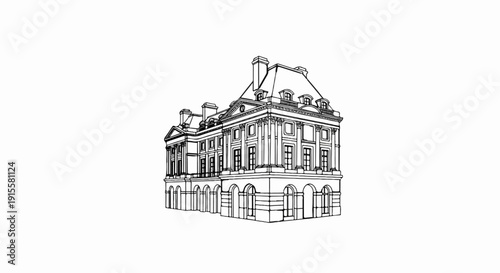 Detailed line art drawing of a grand historical building with multiple stories and ornate features