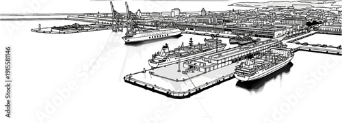 Detailed sketch of a bustling port with ships docked at piers, city skyline backdrop