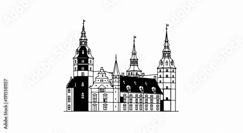 Detailed line art illustration of a grand European castle with multiple towers and intricate architectural features