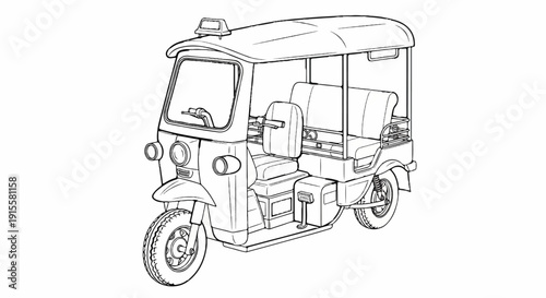 Detailed line art illustration of a three-wheeled motorized vehicle