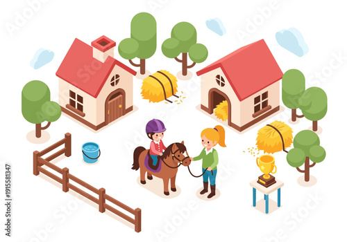 People interacting with horse in a farm setting surrounded by trees and farmhouses from an aerial viewpoint