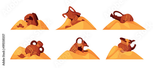 Archaeological pottery. Ancient jar, broken vase sand archaeology excavation historical artifact cracked vessel debris old urn jug crockery clay qualitative vector illustration