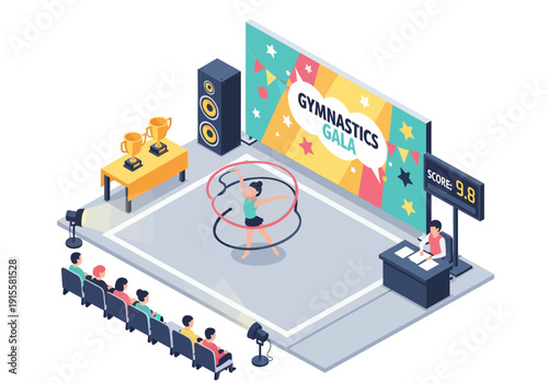 Gymnast performs rhythmic routine on gray floor surrounded by audience and judges at colorful competition event