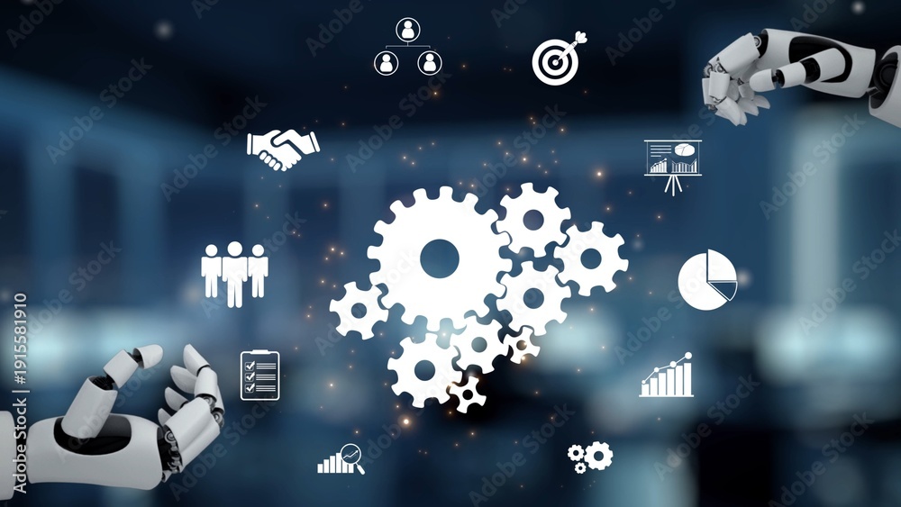 Fototapeta premium AI fosters teamwork using virtual assistant coordination, artificial intelligence collaboration tools, and AI-powered team efficiency. Kernel