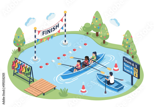 Rowing competition scene with athletes paddling on a serene lake surrounded by lush greenery and finish line flags from an aerial viewpoint