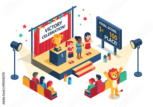 A vibrant stage setup with children celebrating a victory, surrounded by colorful elements and spotlights from various viewpoints
