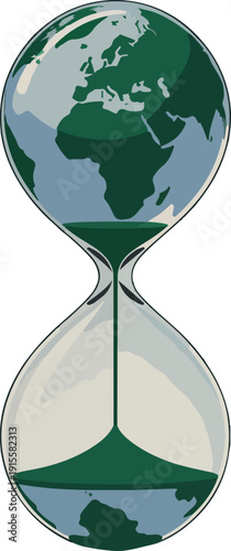 Earth hourglass with green sand flowing globe time