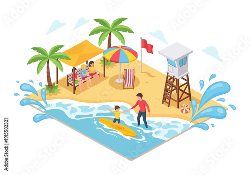 A vibrant beach scene with people surfing and relaxing under palm trees on a sunny day from an aerial viewpoint