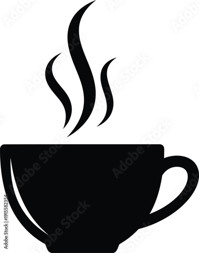 Black silhouette of a steaming coffee cup on white background.