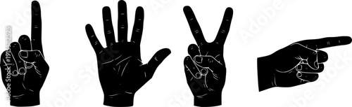 Four Black Hand Gestures Showing Numbers One Five Two and Pointing Keywords: hand gesture, counting, number one, number five
