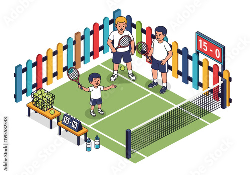 Illustration of men and woman playing tennis on a vibrant court with scoreboard and spectators