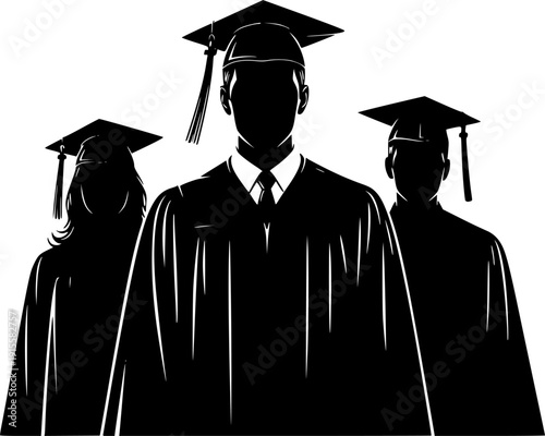 Silhouette of three graduates wearing caps and gowns in a row graduation education

