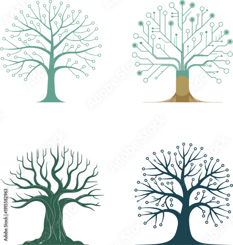 Four stylized trees with circuit board branches and natural branches