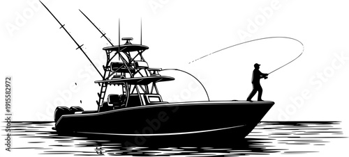 Silhouette fishing boat with fisherman casting line, offshore angler at sea, recreational fishing vessel, sport fishing adventure, marine outdoor illustration vector