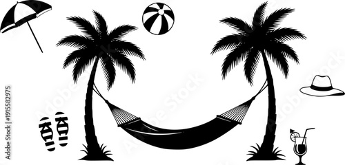Tropical hammock silhouette, palm tree vector illustration, summer vacation relaxation design, outdoor leisure icons, holiday resort furniture, beach paradise elements, black and white