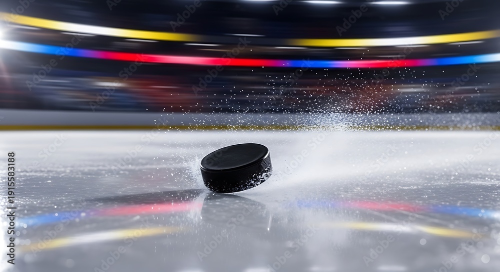 Obraz premium Hockey puck spinning on ice with ice spray and blurred stadium lights in background