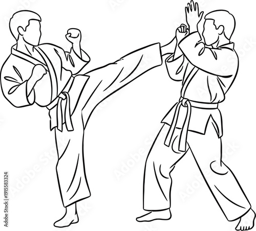 Martial arts illustration of two men practicing karate kicks and blocks isolated on transparent background