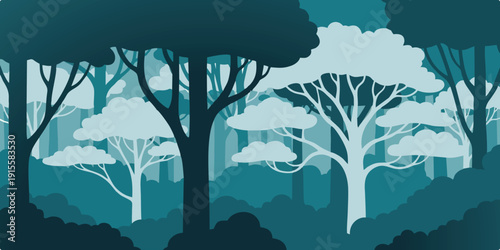 Atmospheric forest landscape in cool blue tones with tree silhouettes. Perfect for nature wallpaper, mystery concept, wilderness background, and travel design.