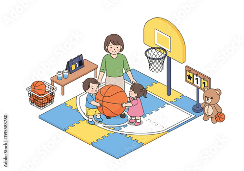 Woman coaching children playing basketball on a colorful indoor court with foam tiles and basketball hoop