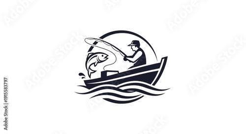 Fisherman Catching Large Fish Boat.