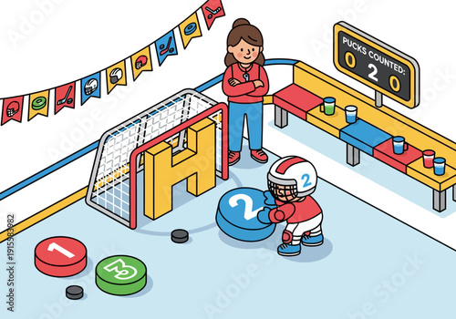 Young hockey player preparing for a game with coach guidance on the ice rink with hockey equipment and scoreboard nearby