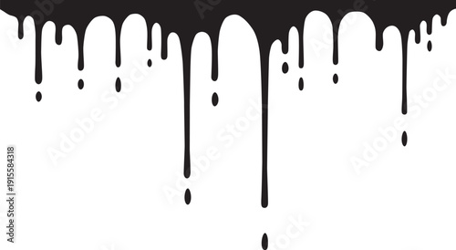 Abstract black paint dripping down a white background creates a striking visual effect.