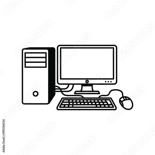A computer setup outline vector illustration