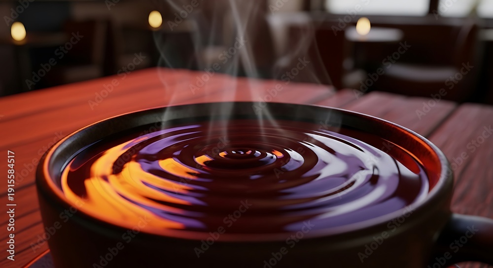 Obraz premium Steaming hot chocolate in a dark ceramic mug with ripples on a wooden table