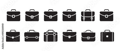 Collection of Black Briefcase Icons and Vector Illustrations. on White Background - Business Accessories Set.