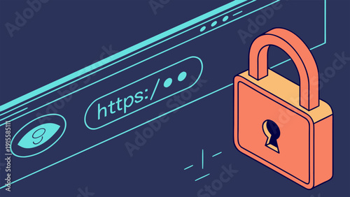 3D illustration of LCD display with focused www address and padlock symbol, symbolizing secure browsing and online protection.