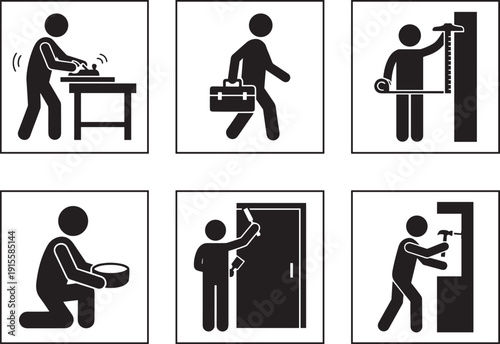 Handyman repair and maintenance silhouette icons set, carpenter painter technician working tools home service illustration