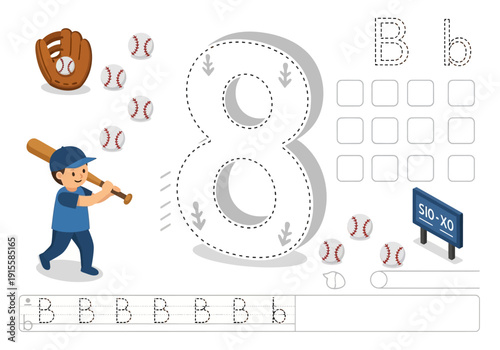 A young baseball player practices batting with a large number 8 and letter B tracing activity