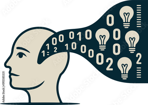 Stylized human head with data flow and lightbulbs profile