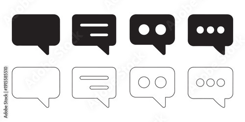 Speech Bubble Icons Set. Solid Black and Outline White, Communication Symbols, Chat Messages, Messaging App Icons, Notification Alerts.
