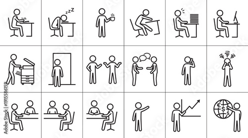 Office work routine and stress icons set, line style business productivity communication and meeting concepts