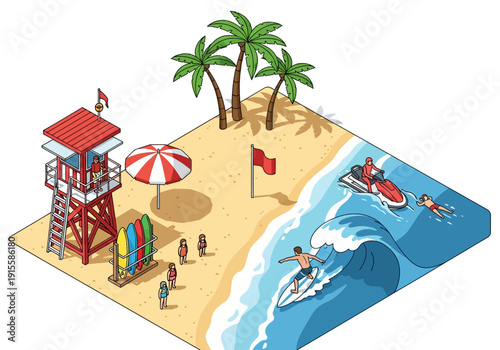 Isometric View of a Bustling Beach Scene with Surfing, Palm Trees, and a Lifeguard Tower on a Sandy Shore