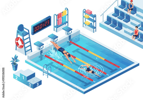 Swimmers competing in a swimming pool with spectators watching from the stands