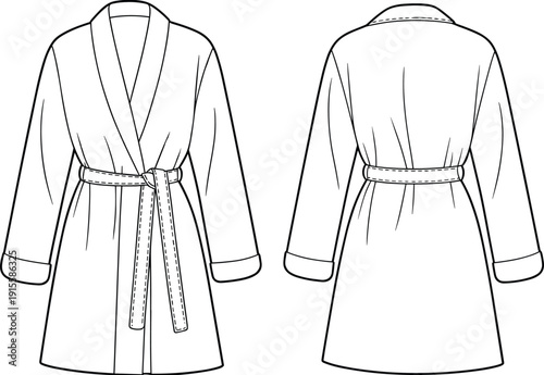 Women bathrobe front and back view technical fashion sketch, belted long sleeve robe outline isolated on white background vector illustration template