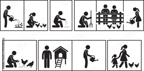 Poultry farming and backyard agriculture silhouette icons, farmer feeding chickens watering plants barnyard rural lifestyle illustration