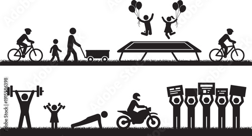 Outdoor lifestyle activity silhouette banner, family cycling fitness workout protest recreation vector illustration collection