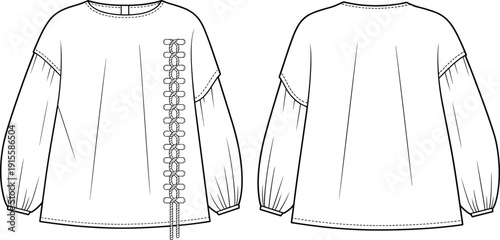 Women blouse technical fashion illustration front and back view flat line drawing with decorative tie detail long sleeves modern apparel design production