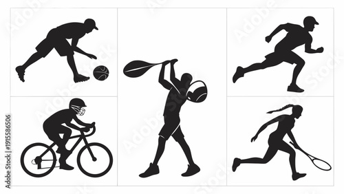 Dynamic Sports Silhouettes Featuring Running Cycling Tennis and Basketball Movements